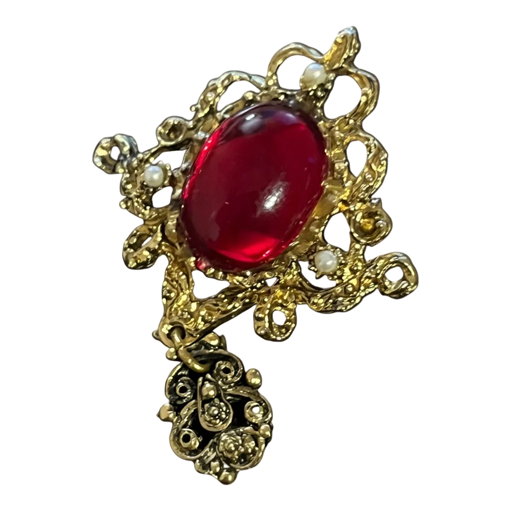 Victorian Revival Style Red Cabochon & Faux Pearl Dangle Brooch