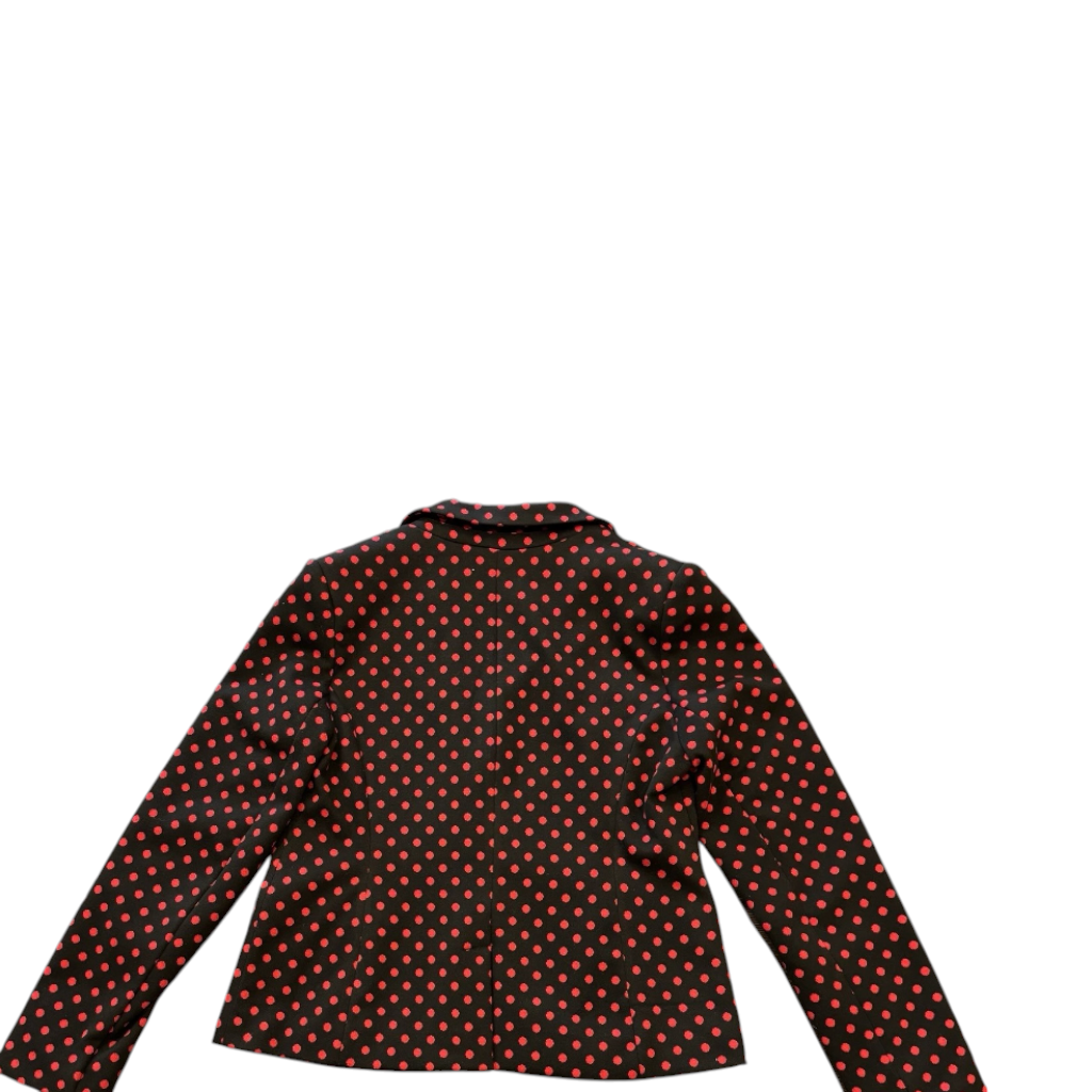Back view of a Recycle Me Fancy GRACE vintage black blazer with vibrant red polka dots and a notched lapel.