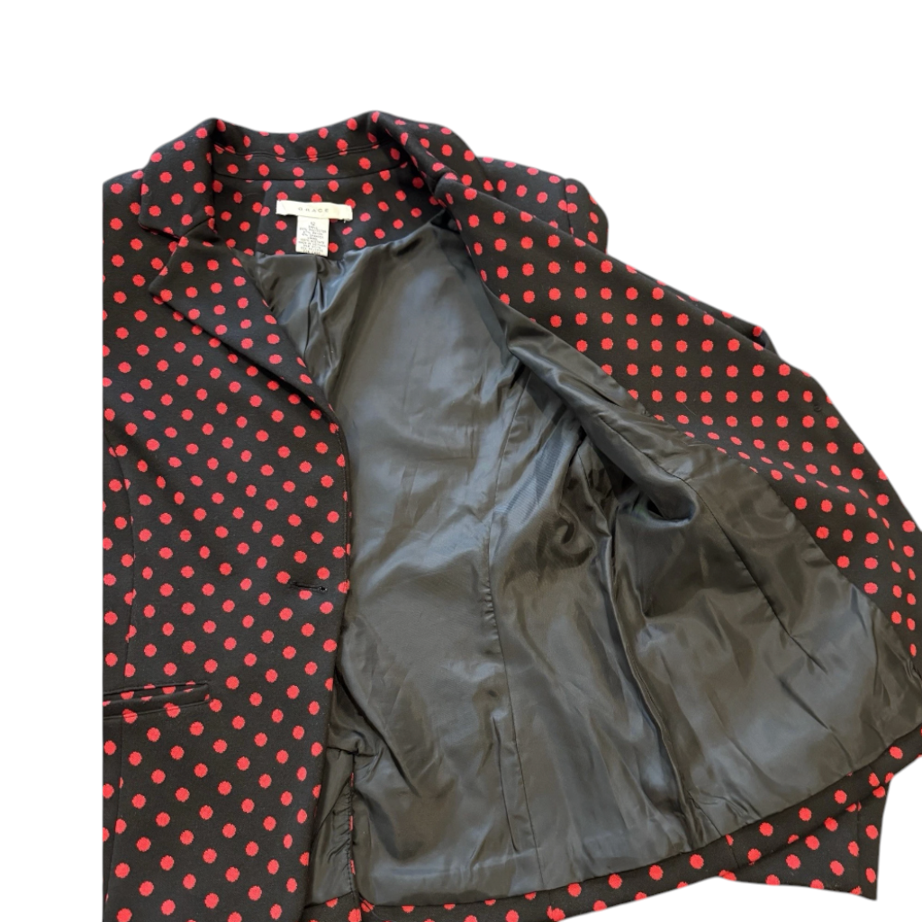 Recycle Me Fancy GRACE vintage black blazer with vibrant red polka dots, notched lapel, and black interior lining.