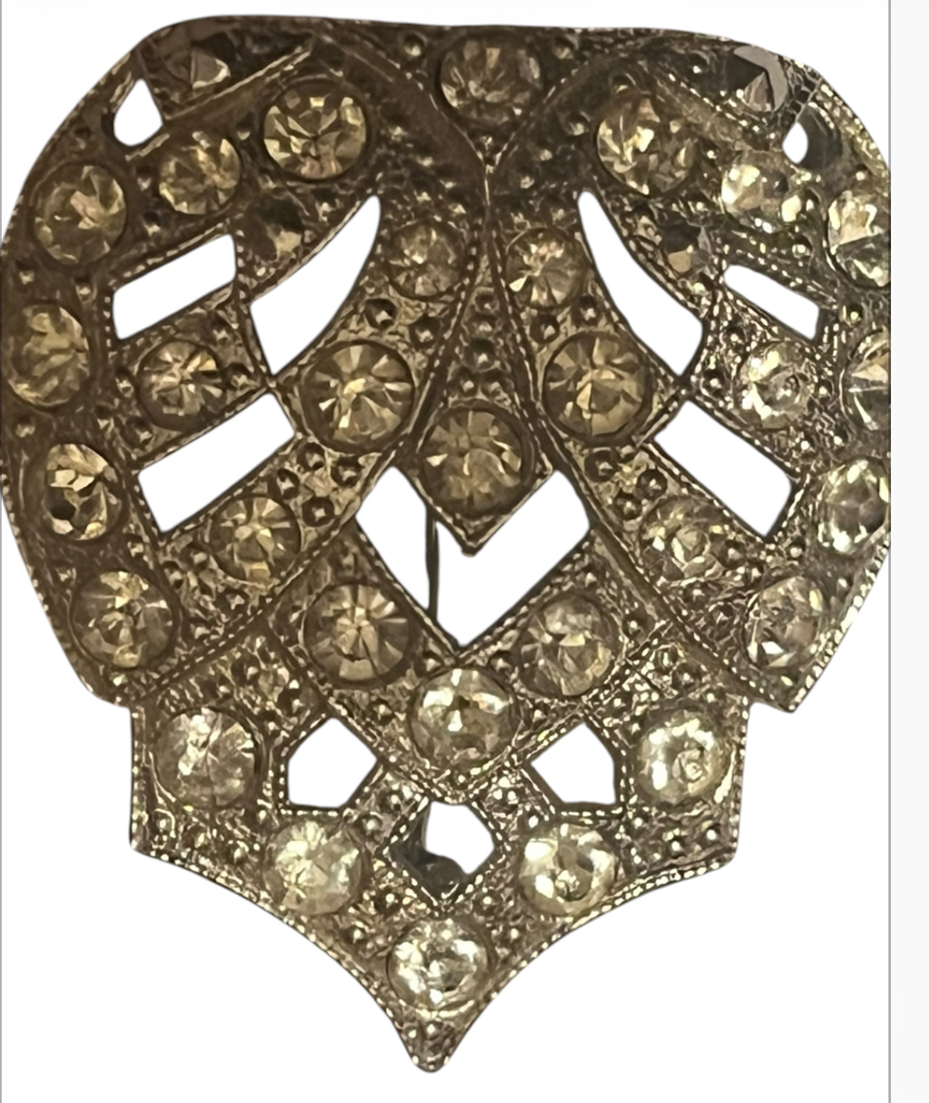 Art Deco Rhinestone Shield Brooch — Marked Bentlee, Black Enamel