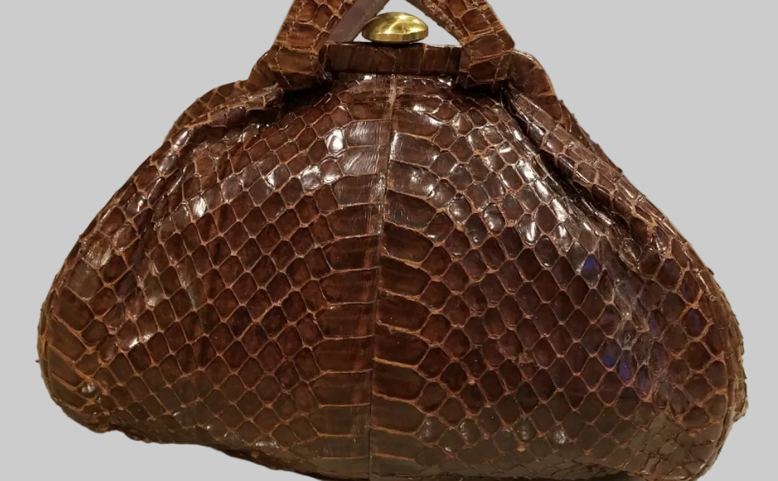 Vintage Brown Snakeskin Frame Handbag with Gold-Tone Clasp