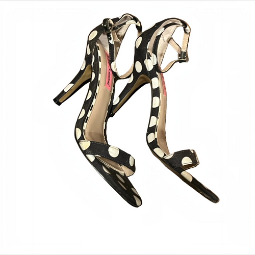 Recycle Me Fancy Betsey Johnson black and white polka dot stiletto heeled sandals with ankle strap and pink lining