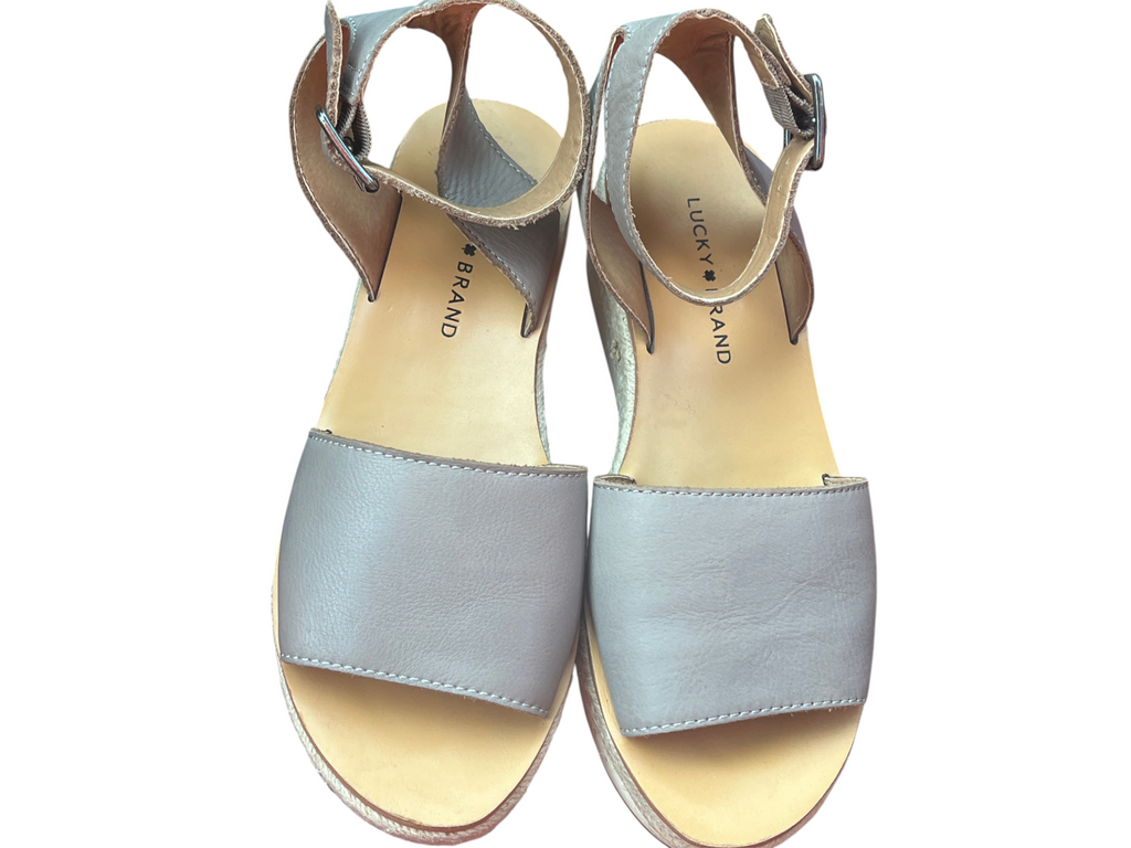Recycle Me Fancy Lucky Brand Joodith gray leather platform espadrille sandals with adjustable ankle straps.