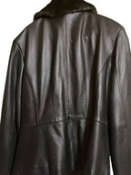 Recycle Me Fancy black Avanti leather jacket with a dark fur collar, back view showing tailored panel stitching.