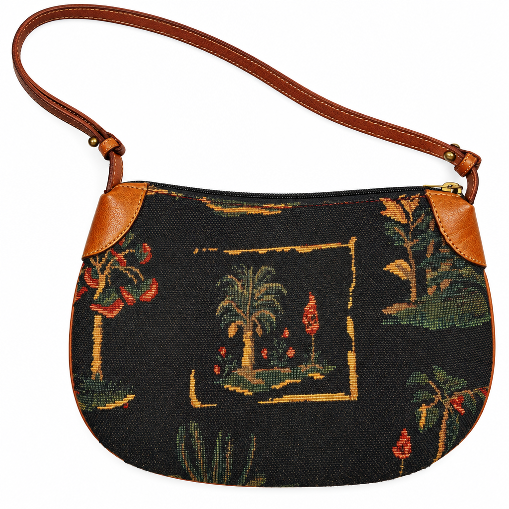 Vintage Tommy Bahama Small Tropical Tapestry Shoulder Bag – Black & Cognac
