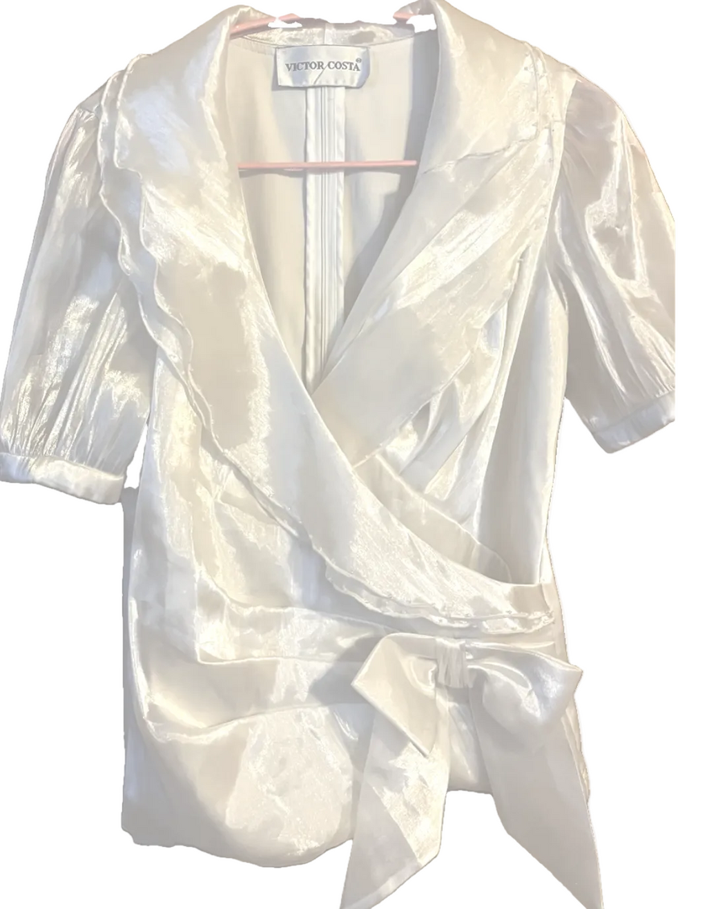 Victor Costa Ivory Metallic Organza Wrap Blouse with Bow