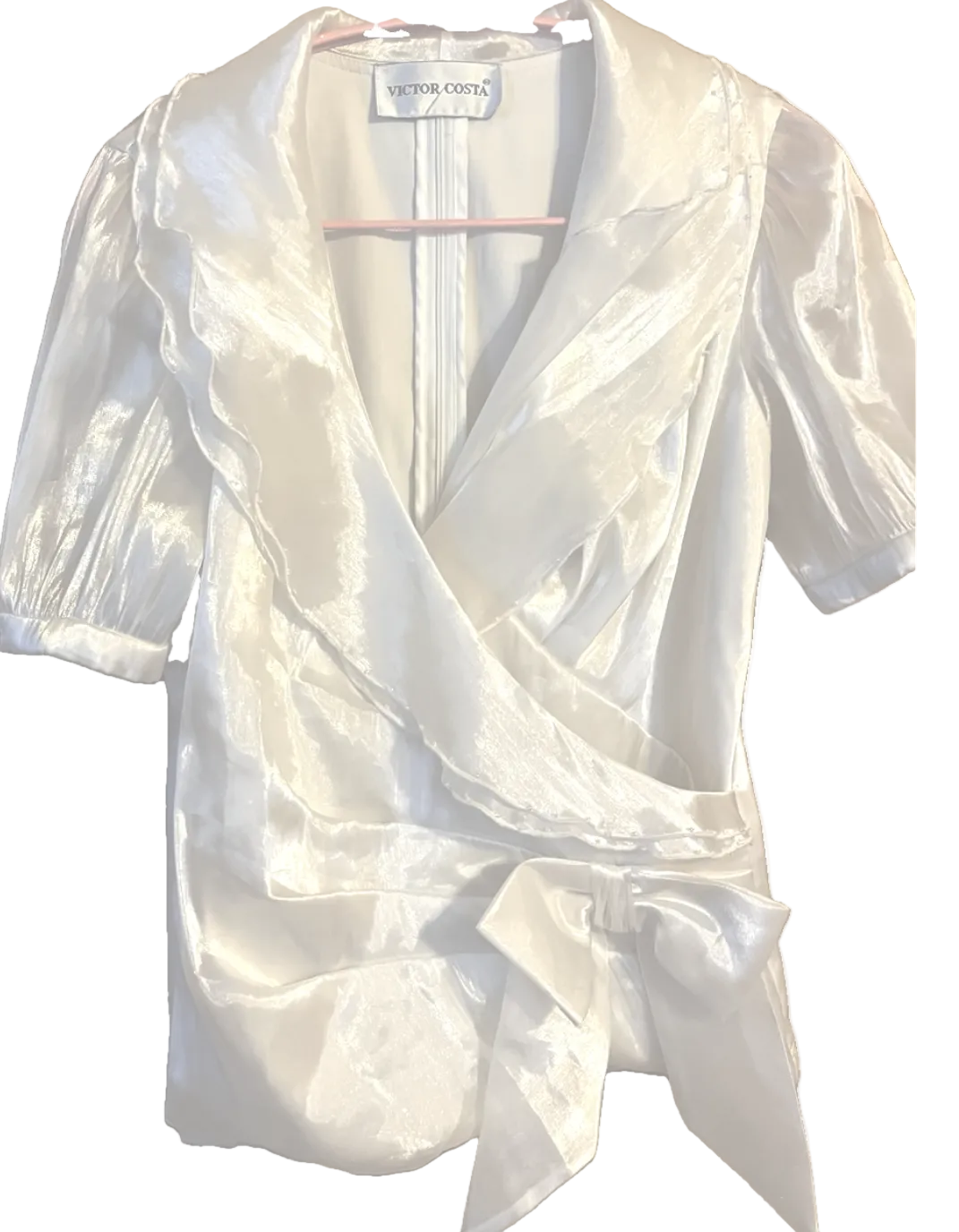 Victor Costa Ivory Metallic Organza Wrap Blouse with Bow