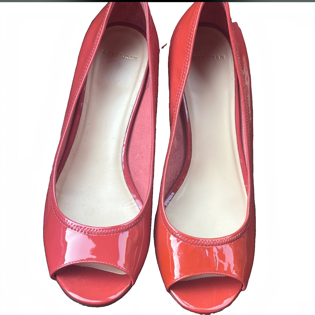 Recycle Me Fancy Cole Haan Nike Air coral red patent leather peep toe flats with comfortable cushioned insoles