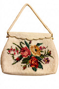Vintage Ivory Beaded Floral Needlepoint Handbag — Scalloped Evening Purse