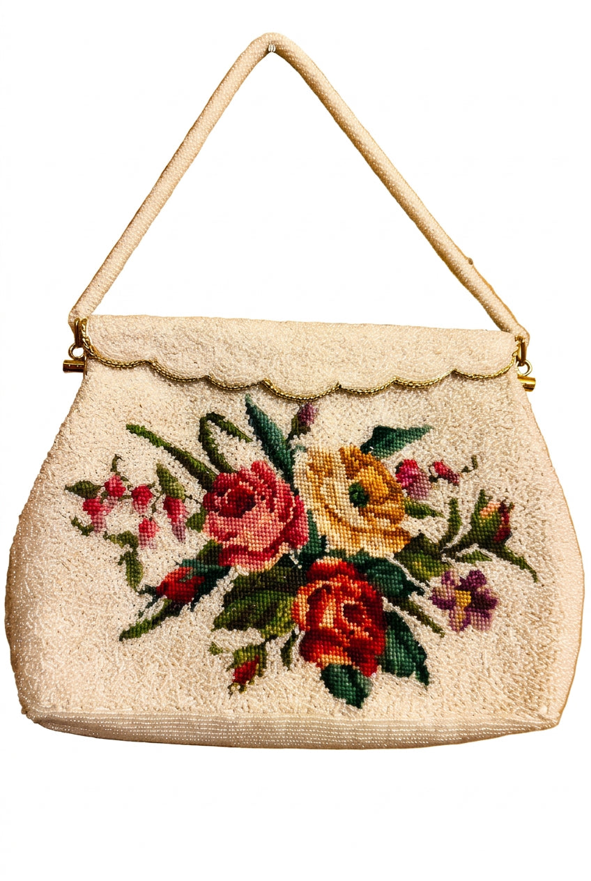 Vintage Ivory Beaded Floral Needlepoint Handbag — Scalloped Evening Purse