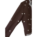 Recycle Me Fancy vintage Positivity chocolate brown crepe jacket with silver dotted embellishments and striped trim.