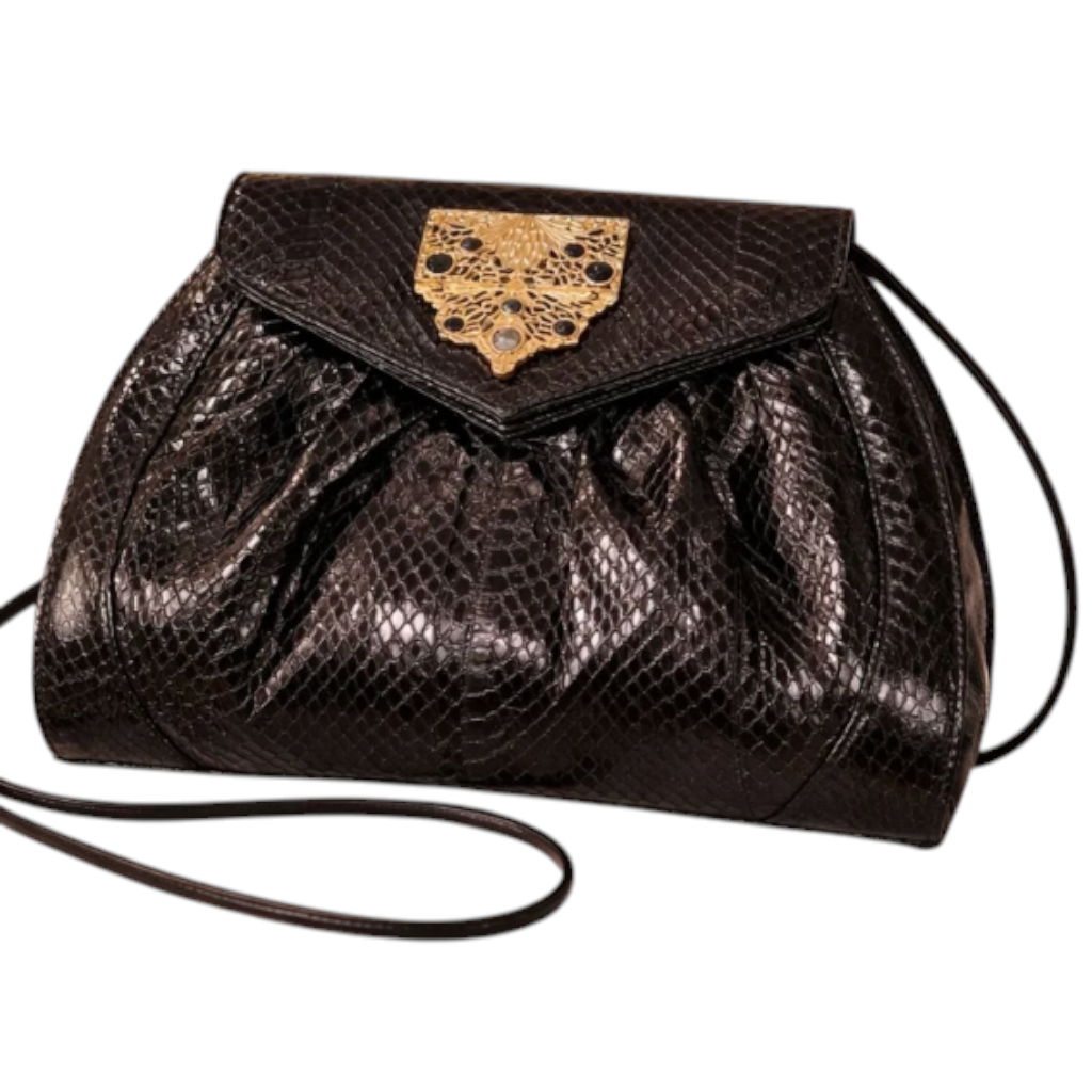 Recycle Me Fancy vintage Pantera black snakeskin hard-body crossbody bag with an ornate gold-tone decorative clasp.