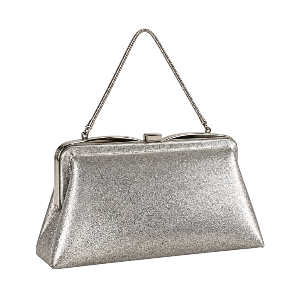 Recycle Me Fancy vintage 1960s silver metallic evening bag with a structured frame and elegant chain handle
