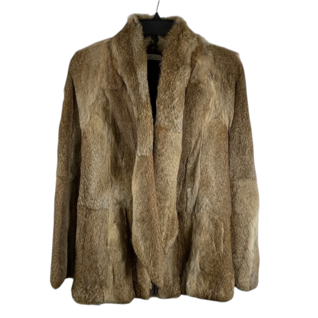 Recycle Me Fancy vintage 90s Fur Experts brown rabbit fur jacket with a notched collar and front zipper closure.