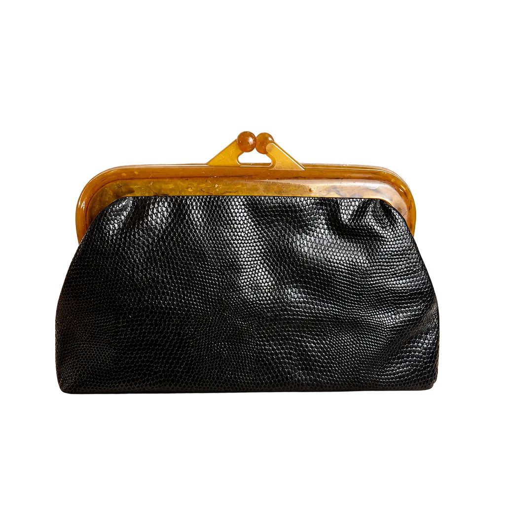 Vintage black kisslock clutch with amber frame front view
