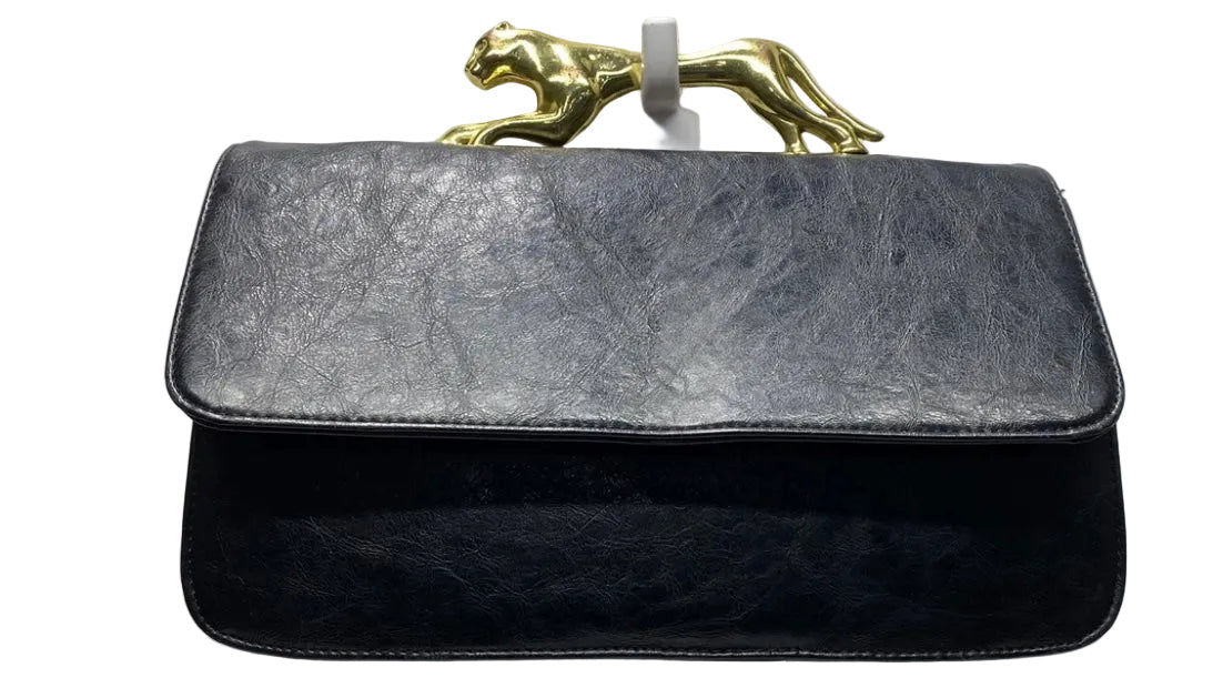 Deena & Ozzy black panther handle clutch front view