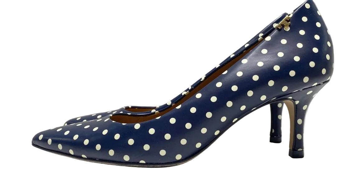 Tory Burch navy polka dot leather pumps opposite side view