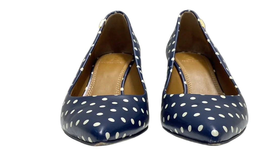 Tory Burch navy polka dot pumps front view