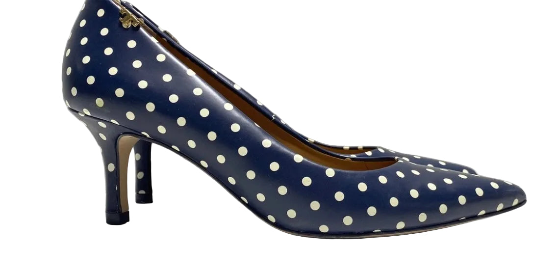 Tory Burch navy white polka dot leather pumps side view