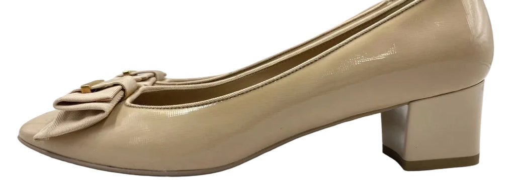 My Ferragamo tan patent bow pumps opposite side view