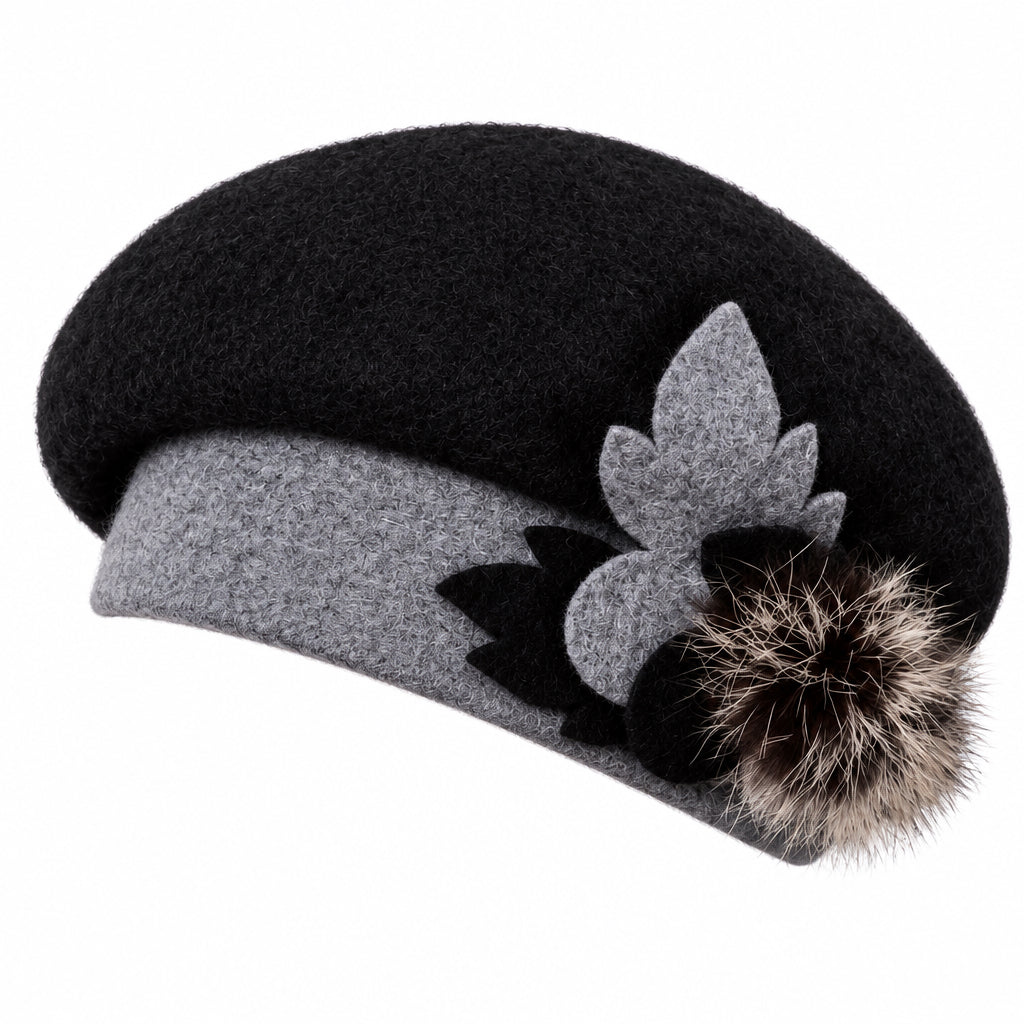 Forbusite black gray angora wool blend beret floral accent