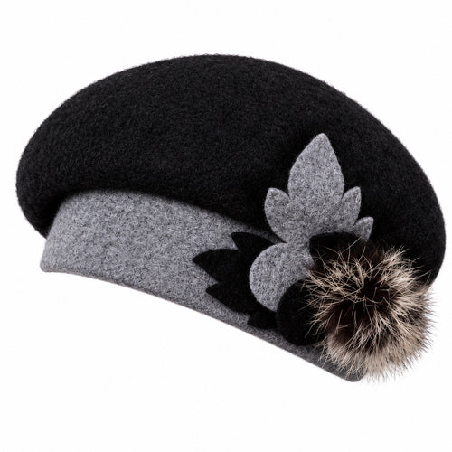 Forbusite black gray angora wool blend beret floral accent