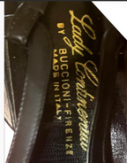 Black Leather Slingback Heels with Gold Chain Trim — Vintage Lady Cotillion by Buccioni-Firenze, Made in Italy