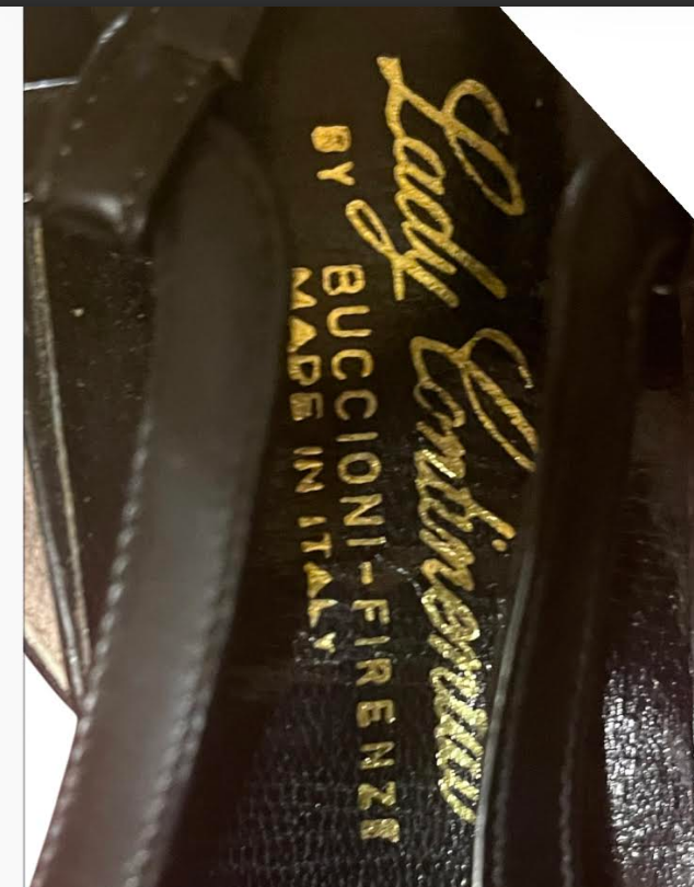 Black Leather Slingback Heels with Gold Chain Trim — Vintage Lady Cotillion by Buccioni-Firenze, Made in Italy