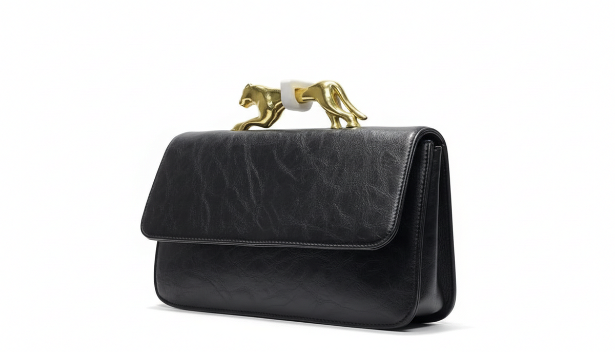 Deena & Ozzy Black Panther Handle Clutch Shoulder Bag or Crossbody