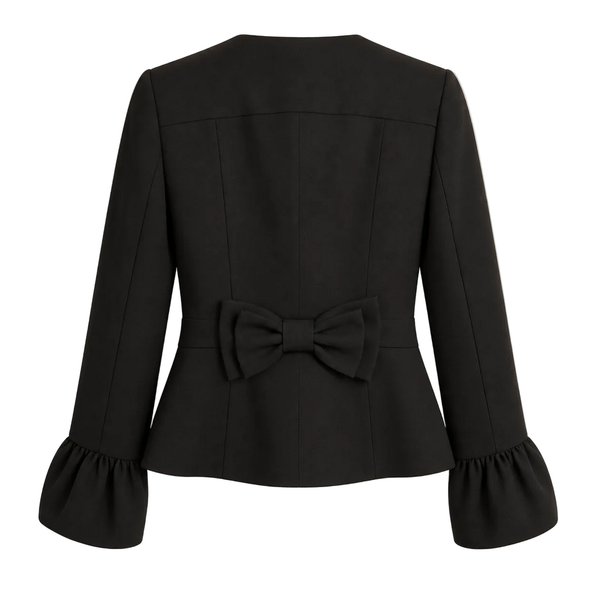 Black blazer back view with waist bow; AI-enhanced product presentation