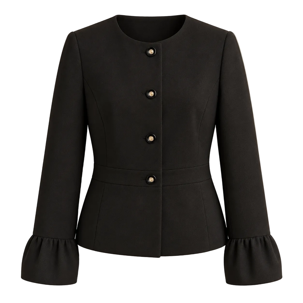 Black collarless blazer front view with flared cuffs; AI-enhanced product presentation