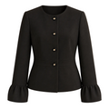 Black collarless blazer front view with flared cuffs; AI-enhanced product presentation