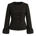 Black collarless blazer front view with flared cuffs; AI-enhanced product presentation