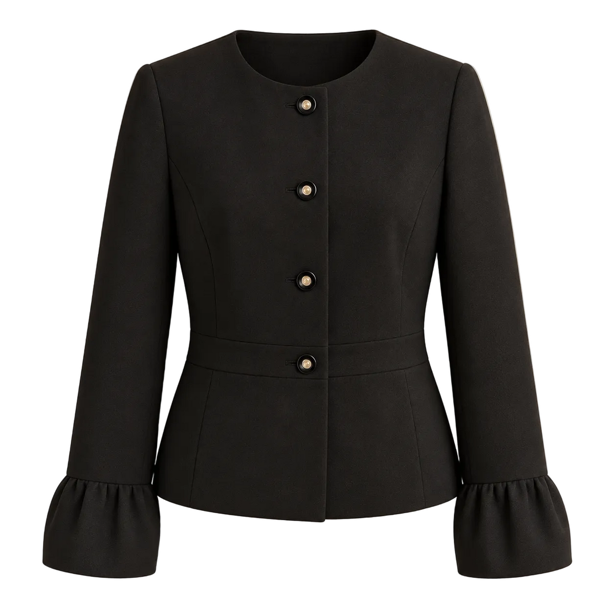 Black collarless blazer front view with flared cuffs; AI-enhanced product presentation
