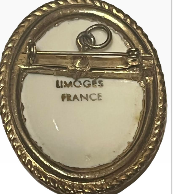 Limoges France Porcelain Cameo Brooch — Hand-Painted Courting Couple, Stamped &amp; Authenticated
