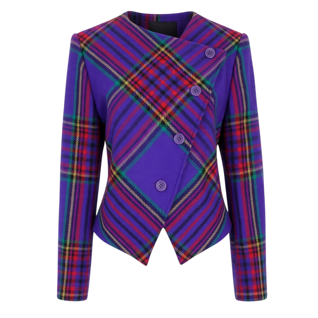 Purple Multicolor Plaid Wool Blazer | Asymmetric Buttons | Made in Italy on