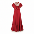Recycle Me Fancy vintage 1970s red prairie maxi dress with ivory lace yoke, flutter sleeves, and ruffle hem.