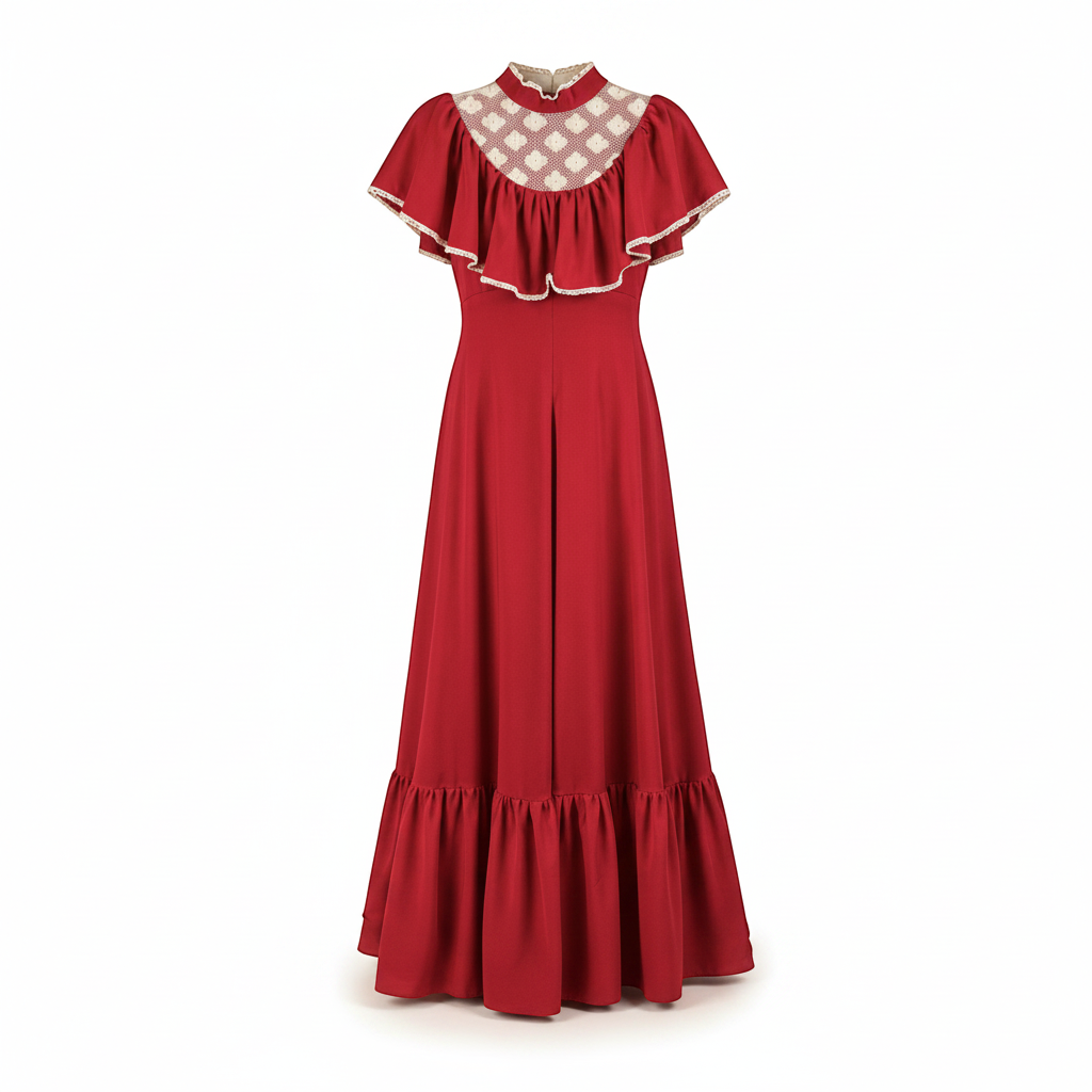 Recycle Me Fancy vintage 1970s red prairie maxi dress with ivory lace yoke, flutter sleeves, and ruffle hem.