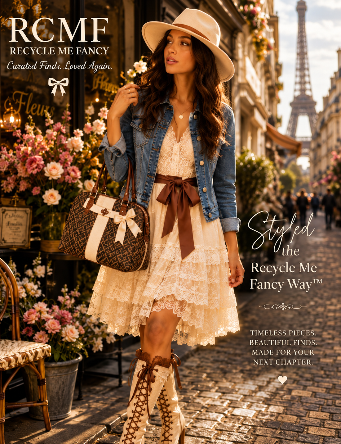 AI editorial styling image for Recycle Me Fancy: denim jacket, lace dress, vintage-inspired handbag and boots on a Paris street