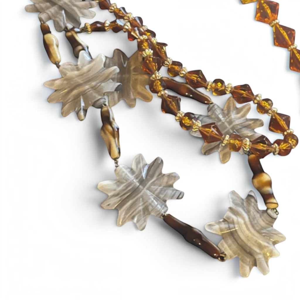 Recycle Me Fancy vintage necklace with gray banded agate star charms, amber glass beads, and tiger's-eye stone nuggets.