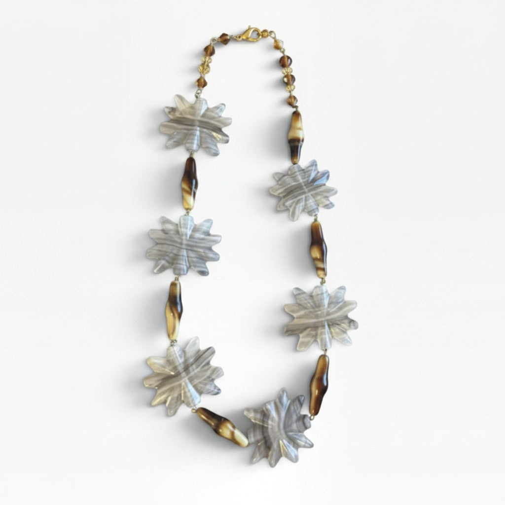 Recycle Me Fancy vintage necklace with gray banded agate stars, tiger's-eye nuggets, and faceted amber glass beads.