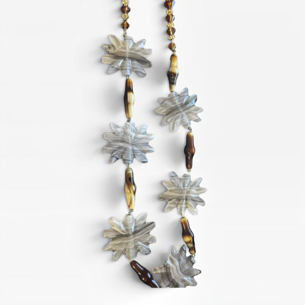 Recycle Me Fancy vintage necklace with gray banded agate star charms, tiger's-eye nuggets, and faceted amber beads.
