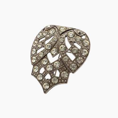 Recycle Me Fancy vintage Art Deco shield brooch with black enamel, geometric patterns, and clear pavé rhinestones.