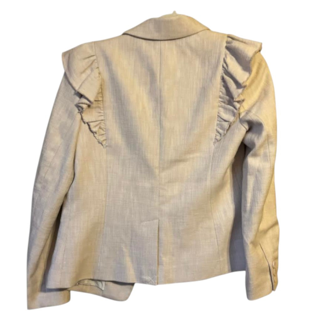 Recycle Me Fancy Rebecca Taylor beige tailored blazer featuring distinctive ruffle shoulder detailing from the back.