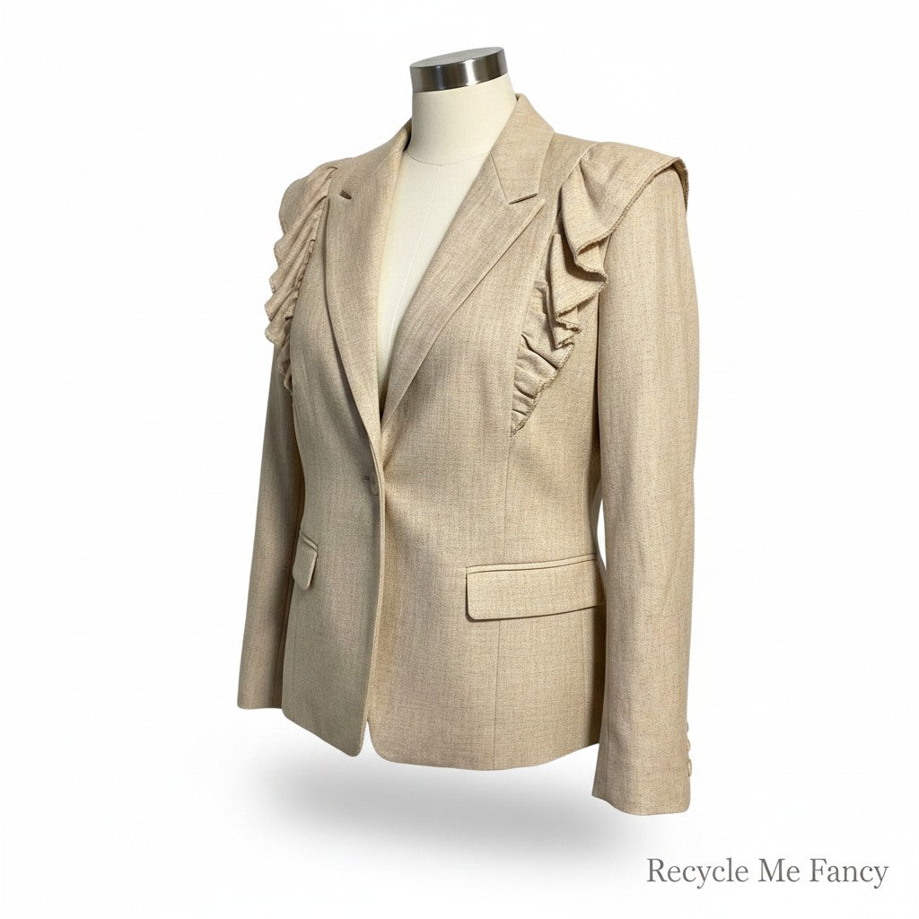 Recycle Me Fancy Rebecca Taylor beige tailored blazer with statement ruffle shoulder detailing on a mannequin
