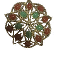 Recycle Me Fancy vintage gold-tone filigree brooch with alternating carnelian orange and jade green cabochon stones.