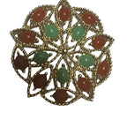 Recycle Me Fancy vintage gold-tone filigree brooch with alternating carnelian orange and jade green cabochon stones.