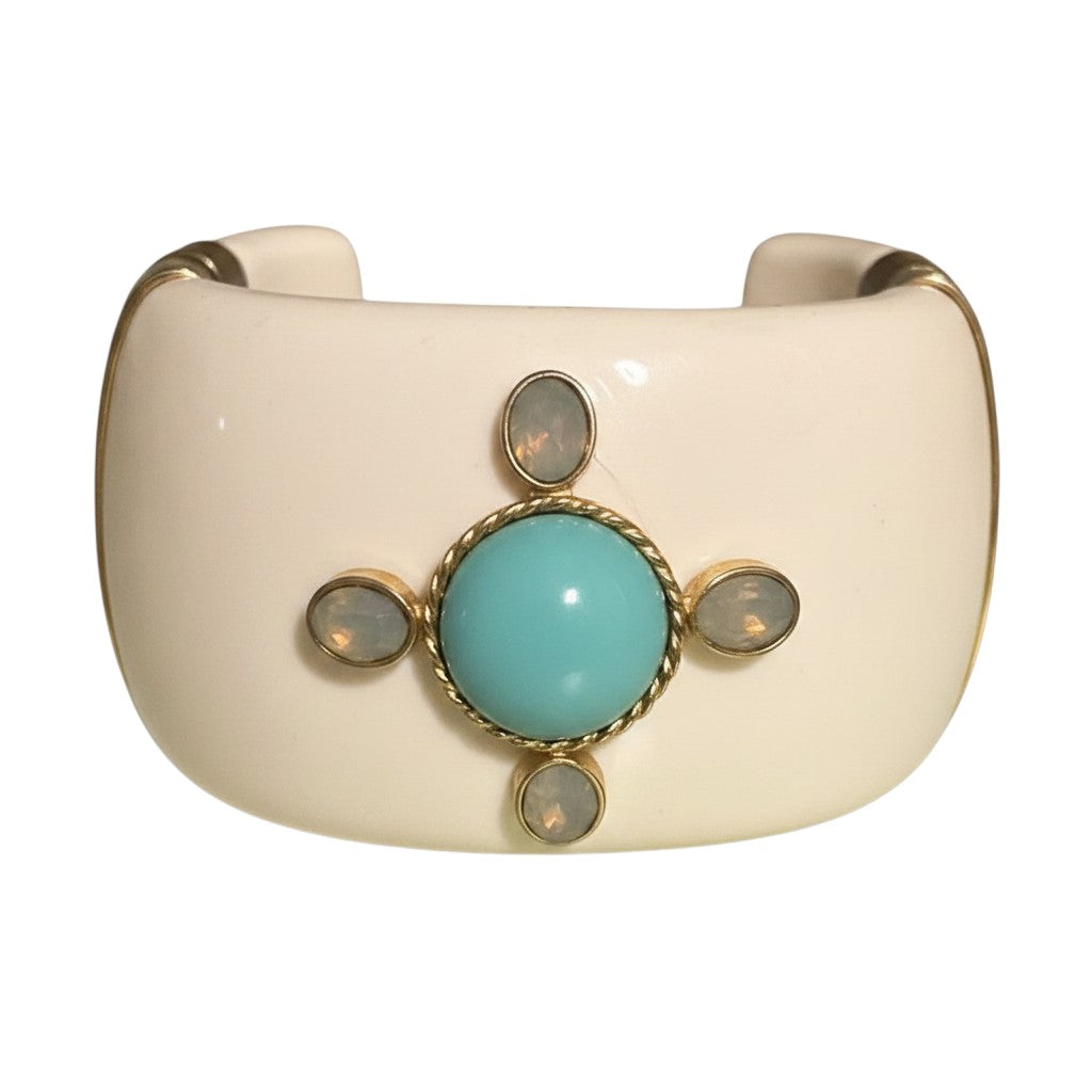 Recycle Me Fancy chunky ivory-tone bangle with a central turquoise cabochon and gold-tone accent stones