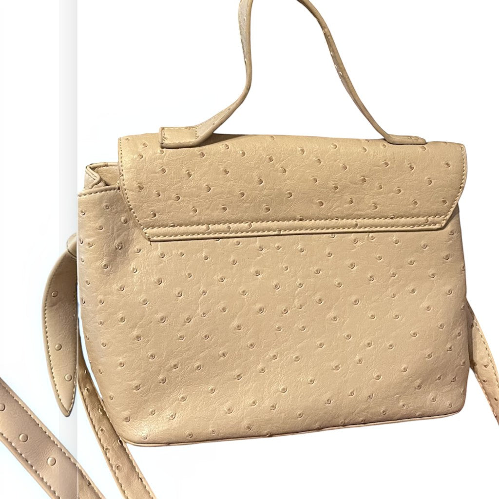 Recycle Me Fancy vintage cream ostrich-embossed leather handbag with a top handle and detachable crossbody strap.