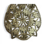 Back view of a Recycle Me Fancy vintage gold-tone filigree brooch showing the secure pin-back closure mechanism.
